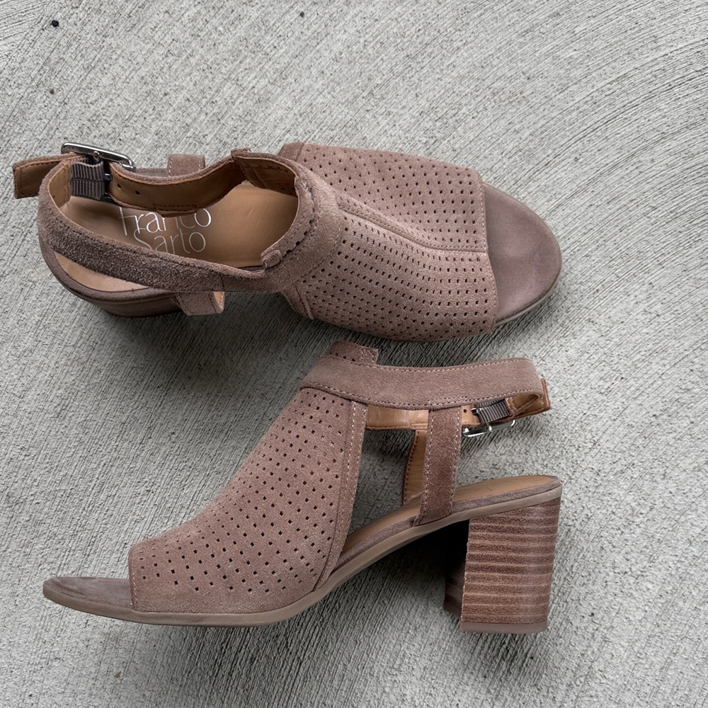 Franco Sarto Slingback Perforated Taupe/Tan Suede Block Heel Sandals 7.5